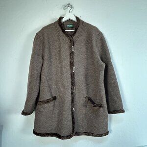 Geiger Collections Womens Brown Pure Wool Fur Trim Cardigan Sweater Coat Size 40